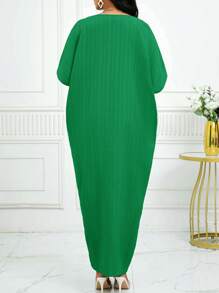 SHEIN Lady Spring And Summer Casual Green Woven Linen Notched Slit Batwing Sleeve Midi Tunic Dress Plus Size Dresses Vacation Outfits Woman Beach Outfits For Woman Beach Vacation Beach Dress Wedding Guest Dress Women Business Casual Woman Prom Dress