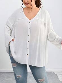 SHEIN CURVE+ Plus Size Women V Neck Single Breasted Long Sleeve Casual Loose Shirtsummer/Country/Beach Vacation Outfits/Beach Outfits/Beach Wear