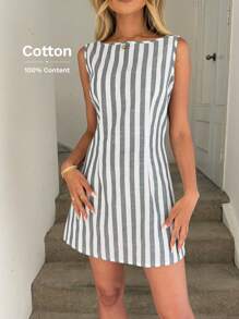 Easowa 女式露背无袖 A 字迷你连衣裙，休闲优雅，适合度假，采用条纹棉质面料，商务休闲女士老款风格 - 彩色 - 查看 4