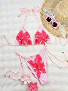 Swim SXY Beach Summer Outfits For Women,Multi-Color Special Fabric Placement Floral Print Sexy Tied Front Halter Triangle Top & Bottoms Bikini Swimsuit Set - Multicolor - View 5