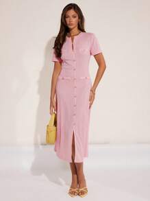 COSMINA Đầm dài tay ngắn trang trí khóa kim loại thanh lịch cho nữ, mùa xuân/hè nghỉ dưỡng - Màu Hồng baby - Xem 1