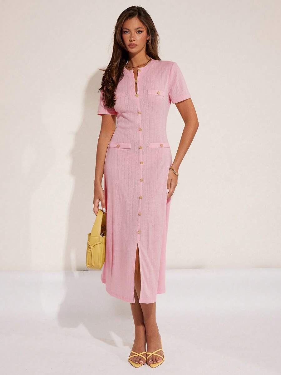 COSMINA Đầm dài tay ngắn trang trí khóa kim loại thanh lịch cho nữ, mùa xuân/hè nghỉ dưỡng - Màu Hồng baby - Xem 1