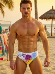 Manfinity Swimmode Bañadores triangulares con estampado de letras y teñido anudado de moda para hombres - Blanco - Ver 3