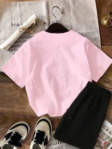 2pcs/Set Tween GirlsCasual Fashion Cute Cartoon Rabbit Design Letter Print Basic Short Sleeve T-Shirt And Shorts Suit Girls Matching Sets Kids Shorts Set For Girls Girls Summer Outfits Toddler Girl Clothes Girls Stitch Clothes - Multicolor - View 2