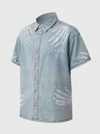 Men's Street Life Letter Embroidered Short Sleeve Single-Breasted Casual Denim Shirt
