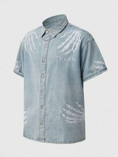 Street Life قميص جينز كاجوال أحادي الصدر بأكمام قصيرة مطرز بحرف للرجال