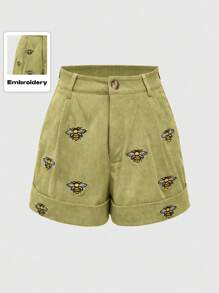 ROMWE Fairycore Damen Große Größen Shorts mit elastischem Bund, locker geschnitten, plissiert am Saum, mit gesticktem Bienen-Design