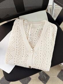 Calvaya 大码深 V 领长袖孔眼刺绣休闲开衫，适合冬季 - 米色 - 查看 3