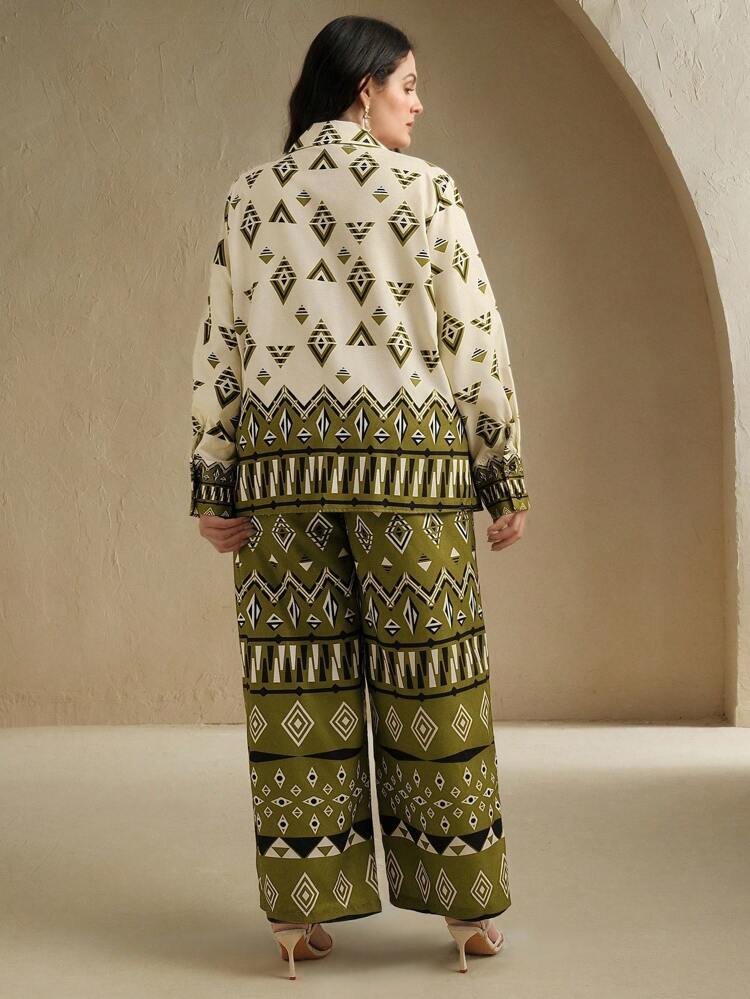 Conjunto de dos piezas con estampado de textura bohemio y de moda para mujer de talla grande, para primavera/verano