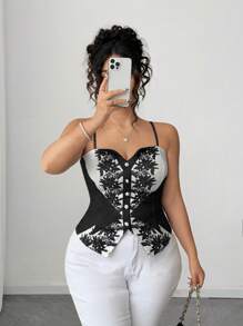 Elenzga 女式加大码短款高腰修身黑白花卉印花吊带背心，优雅适合通勤、约会、派对等场合，春夏季