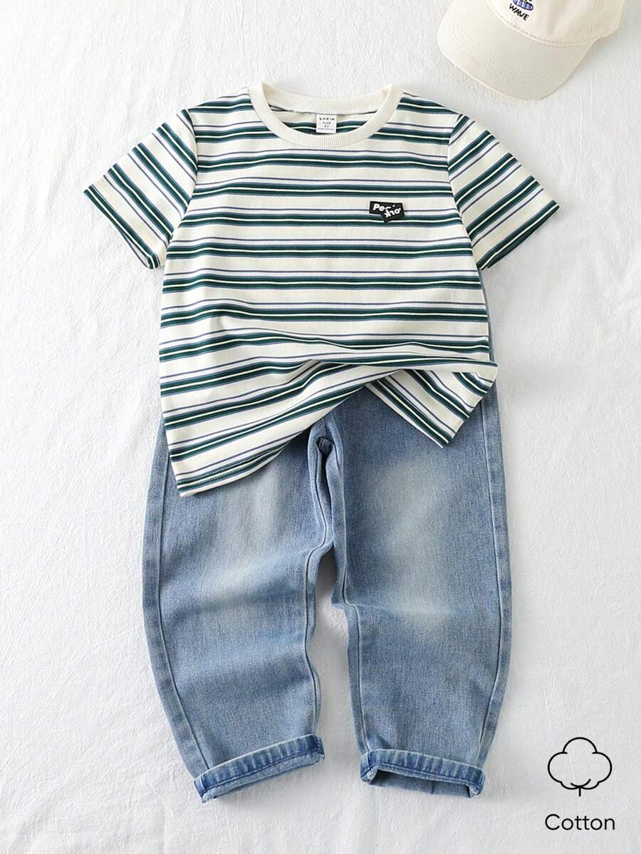 Playful Pals 2 件套幼儿男童休闲条纹 T 恤和牛仔裤套装，适合春夏季外出和日常穿着 - 綠色 - 查看 1