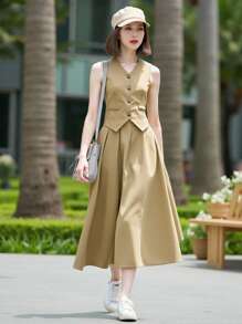 SHEIN 2件套少女纯色吊带背心和百褶裙优雅套装