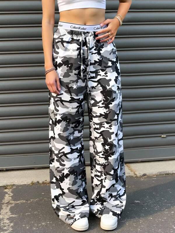 Tween Girl Casual Street Fashion Y2K Camouflage Star Print Drawstring Elastic Waist Loose Straight Leg Wide Leg Long Pants, Back To School, Mommy And Me Matching Outfits