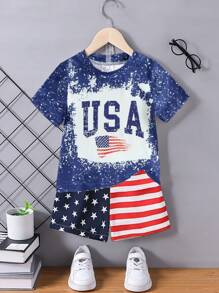 Explorewe 1 Set de Ropa Casual de Moda Urbana para Niños Pequeños con Camiseta de Manga Corta de Cuello Redondo y Estampado de Bandera de EE. UU., Estrellas y Rayas, y Pantalones Cortos, para Verano - Multicolor - Ver 1