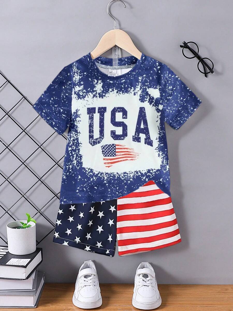 Explorewe 1 Set de Ropa Casual de Moda Urbana para Niños Pequeños con Camiseta de Manga Corta de Cuello Redondo y Estampado de Bandera de EE. UU., Estrellas y Rayas, y Pantalones Cortos, para Verano - Multicolor - Ver 1