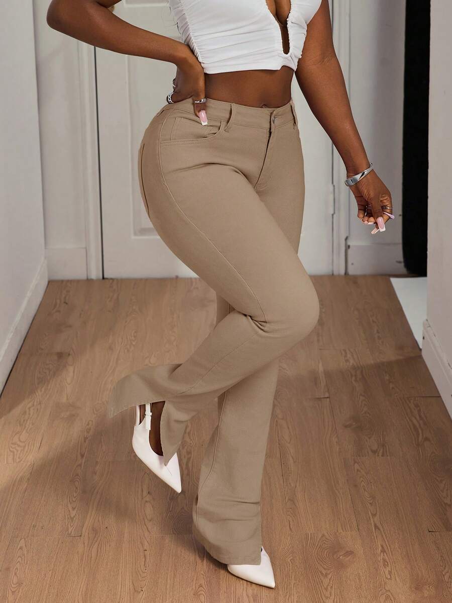 SHEIN SXY Quần Jeans Nữ Ống Loe Thường Ngày Đa Năng - Màu be - Xem 1