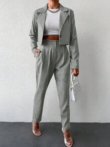 Blazer crop de cuello con solapa & Pantalones con fruncido - Gris - Ver 6