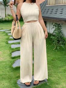 Dazy Plus 2 Pieces Set Crew Neck Cropped Tank Top & Loose Striped Pants