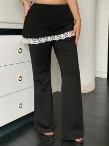 Dazy Plus Quần ống loe ren tương phản cạp chun cỡ lớn màu đen, 2 trong 1, dành cho nữ - màu đen - Xem 3