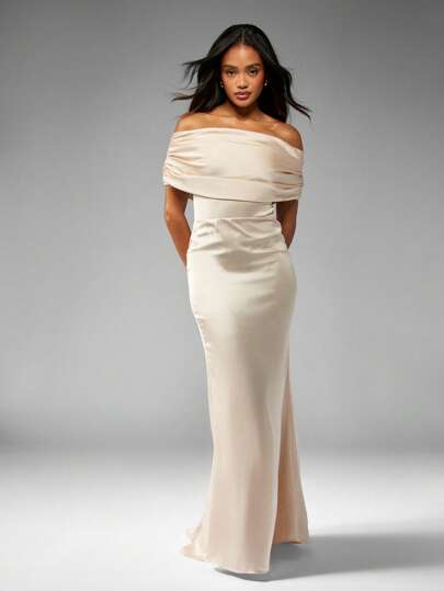 chinese dress ladies Asos Edition Satin Bardot Drape Wrap Maxi Dress In Cinnamon Rose
