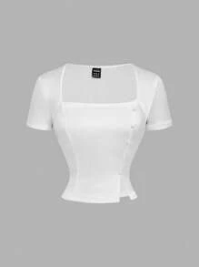 SHEIN MOD Blusa elegante con cuello cuadrado, fruncido y bajo con abertura para mujer - Blanco - Ver 1