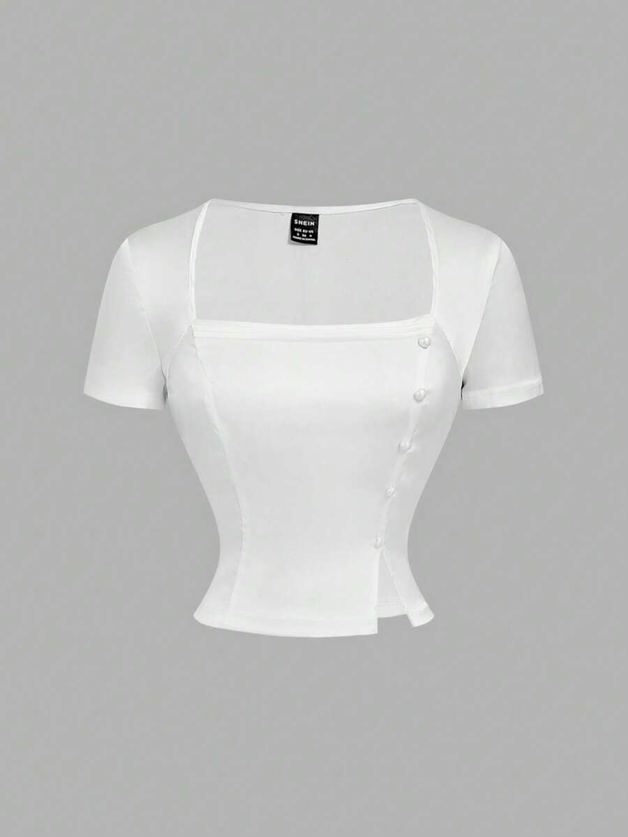 SHEIN MOD Blusa elegante con cuello cuadrado, fruncido y bajo con abertura para mujer - Blanco - Ver 1