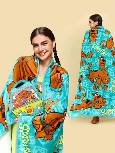 SCOOBY-DOO X SHEIN 1 Pc Flannel Sofa/Bed Blanket With Storage Bag, Foldable Design For Pillow, Soft & Warm, Ideal For Autumn/Winter,Spring / Winter