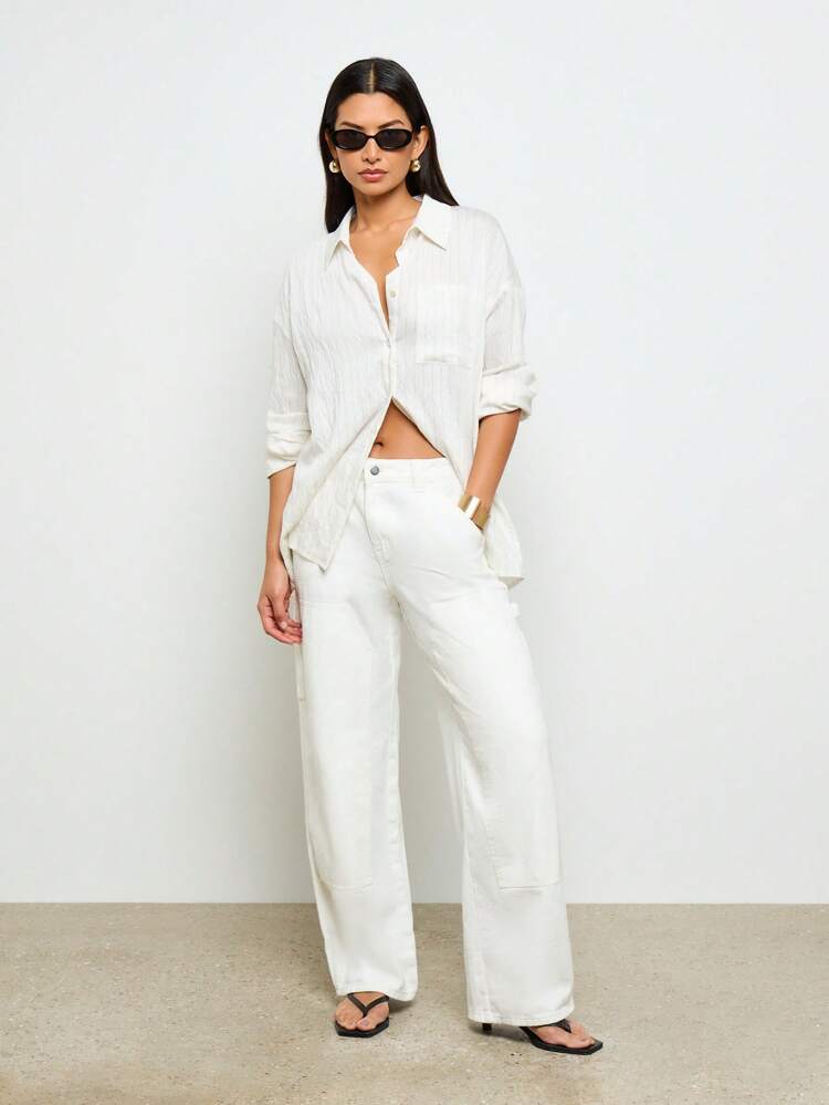 Loose Fit Wide Leg Denim Women Jeans With Patch Pockets