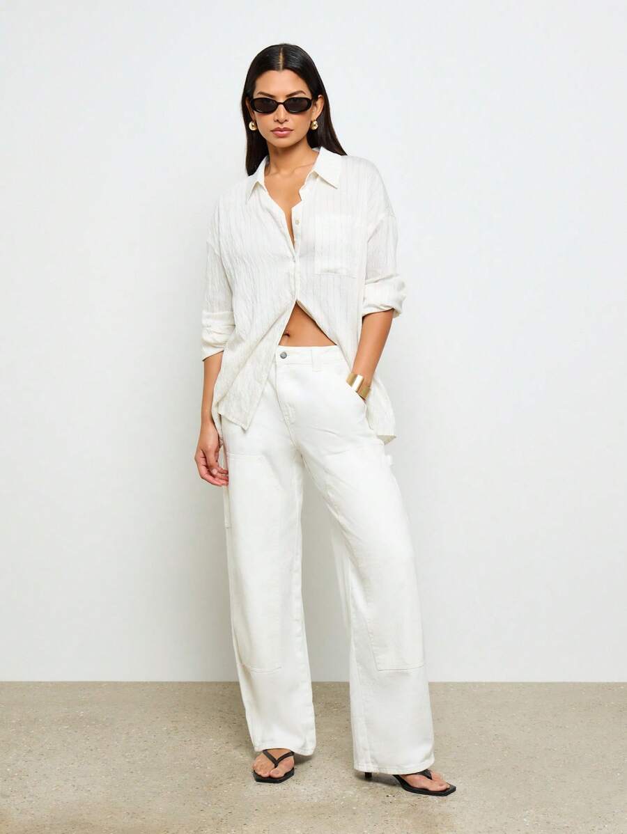 AiiRZ 宽松实用工装牛仔阔腿牛仔裤，带贴袋，撞色标签细节，休闲秋冬风格 - 白色 - 查看 1