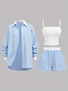 SHEIN Girlism 三件套：蓝白撞色宽松衬衫、松紧腰撞色短裤和纯白色工字背心，适合青少年女孩的舒适休闲装，适合春夏秋季 - 藍白色 - 查看 7