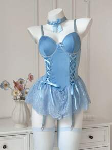 Set di 5 pezzi di abito da sposa aderente con corpetto in pizzo e ferretti, serie Mature - Blu - Visualizzare 5