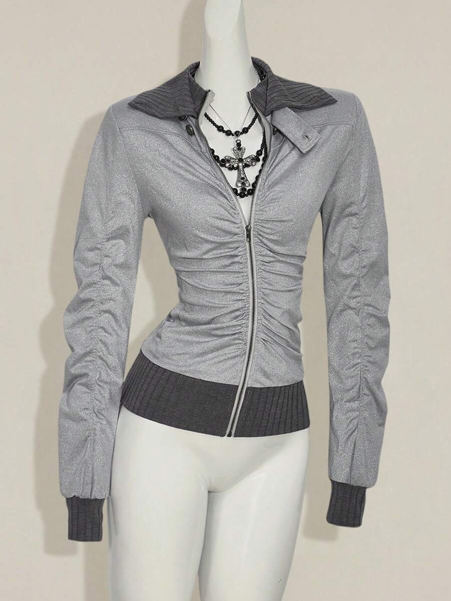 SHEIN ICON Women Ruched High Collar Color Block Raglan Sleeve Casual Jacket Coat - Grey - View 1