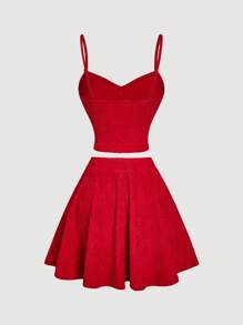 SHEIN MOD 2pcs Set - Casual Vest With Asymmetrical Ruffle Hem Skirt - Red - View 2