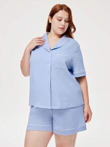 LUVLETTE Women's Plus-Size Breathable 100% Pure Cotton Blue Short-Sleeve Button-Up Top & Shorts Airy Loungewear Pajama Set Pants With Pockets