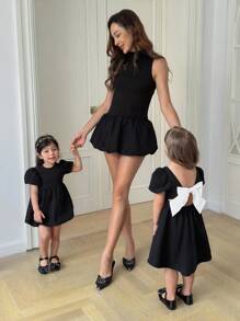 SHEIN Babygirl 可爱夏季优雅黑色宽松短袖连衣裙，母子装（2 件单独出售）