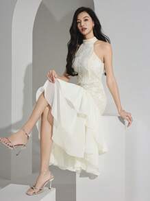 Heiryn Women's Elegant Jacquard Patchwork Ruffle Hem Halter Midi Dress - Apricot - View 4