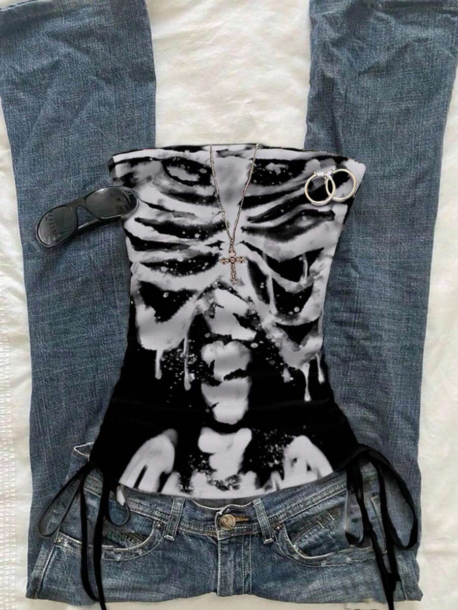 Comfortcana 女士融化骷髅印花镂空系带短款吊带上衣