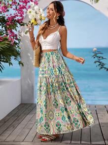 Vivid Eden Women's Elastic Waist Loose Bohemian Style Vacation Print Skirt