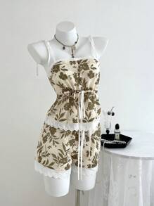 SHEIN Unity 2pcs Women Casual Floral Print Camisole & Shorts Set, Fringe Trim, Tie Decor - Apricot - View 4