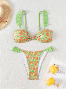 SHEIN Swim Women Summer Beach Vacation Ruffled Removable Strap Crop Top And Side Flare String Bikini Bottom - Multicolor - View 6