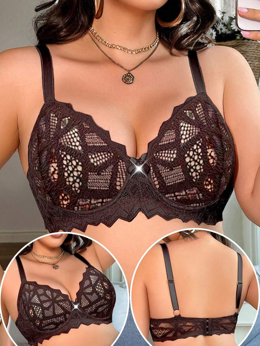 Plus Size Single Solid-Color Sexy Lace Underwire Bra, Lift - Coffee Brown - View 1