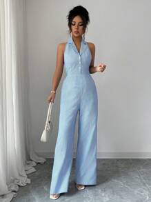 Elenzga Women's Sexy Striped Backless Halter Jumpsuit For Summer