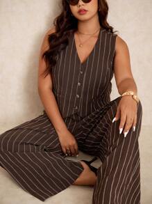 Elaquor Ensemble 2 pièces casual femme grande taille, veste rayée à simple boutonnage et pantalon. Tenue casual chic, idéale pour les femmes, les enseignantes en automne/hiver - Nude - Voir 7