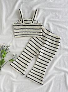 SHEIN Vintaside Kids Baby Girl Summer Fashionable Stylish High-End Striped Camisole Top And Matching Striped Long Wide Leg Pants 2-Piece Set, Suitable For Summer Camping, Vacation, Leisure Or Attending Parties