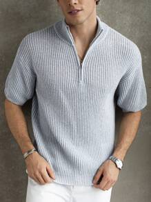 Manfinity Homme Camiseta casual de punto con cremallera hasta la mitad del pecho y manga corta de unicolor para hombre, P, para amigos