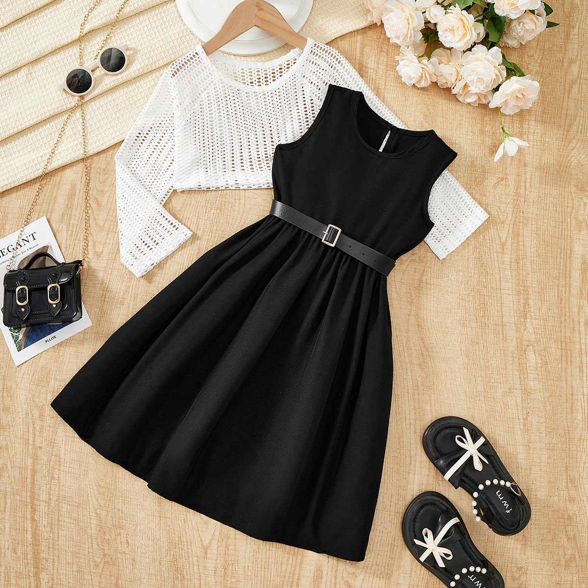 Set de 2 piezas de conjuntos de niñas de unicolor - Blusa de manga larga de malla y vestido sin mangas de cuello redondo, primavera/verano