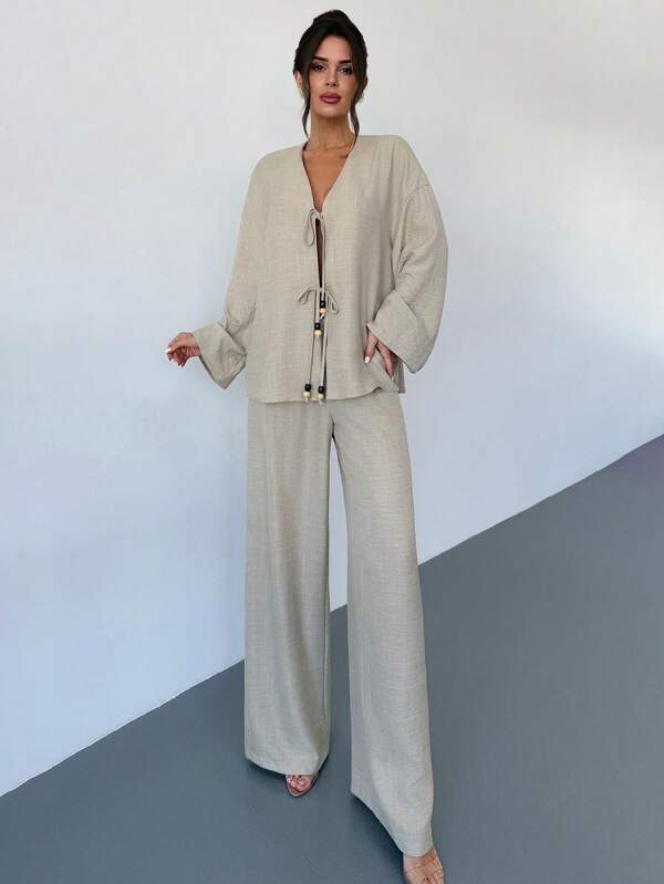 Firerie Women Khaki Casual Vacation Long Sleeve Blouse And Pants Set, Loose Comfortable Outfit, Elastic Waist Trousers Set, Spring Summer Clothing, Beach Wear, Commuting, Elegant, Casual, Vacation, Beach, Bohemian