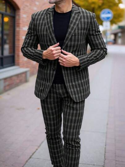 Manfinity Mode Plaid Plus Size Men 2pcs Suit Set: Jacket And Pants