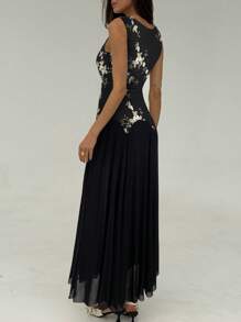 Aloruh Vestido sin mangas con cintura ceñida y bordado floral elegante para mujer