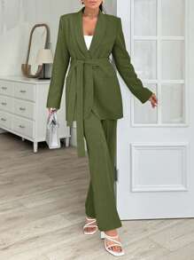 EURMUSE Grey Long Jacket And Straight Pant Two Pieces - Army Green - View 4